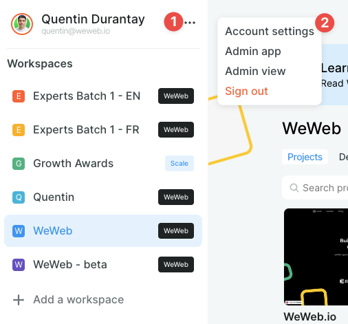 How to find account settings in WeWeb