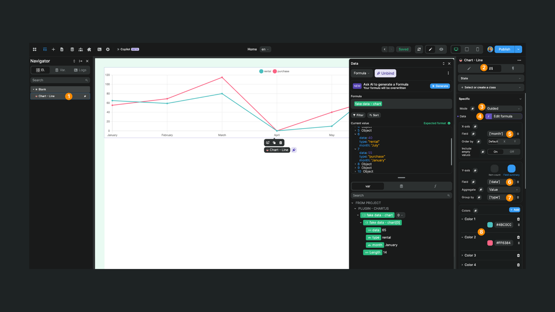 Line chart Guided mode example settings
