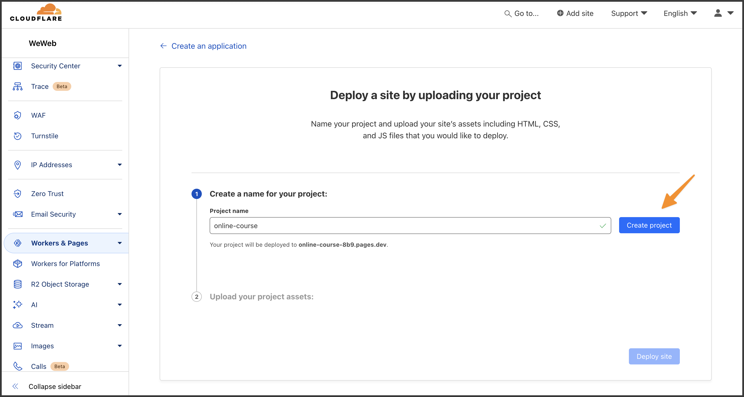 Cloudflare's Create project section