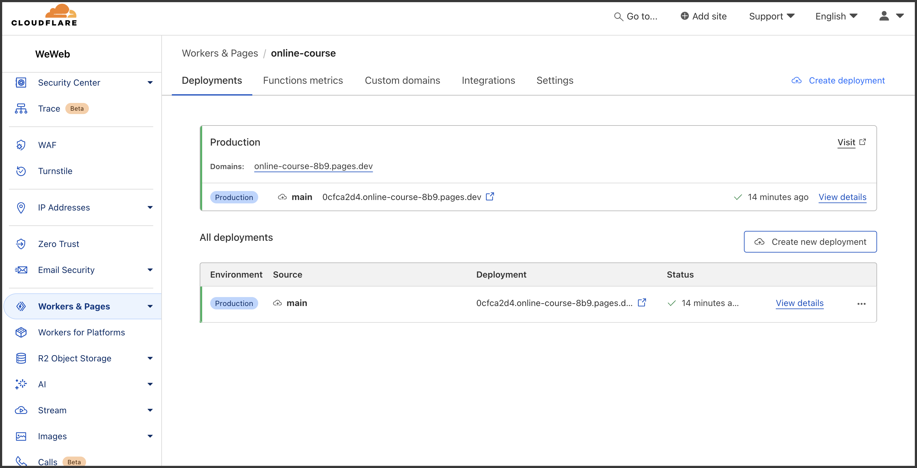Cloudflare's deployment tab
