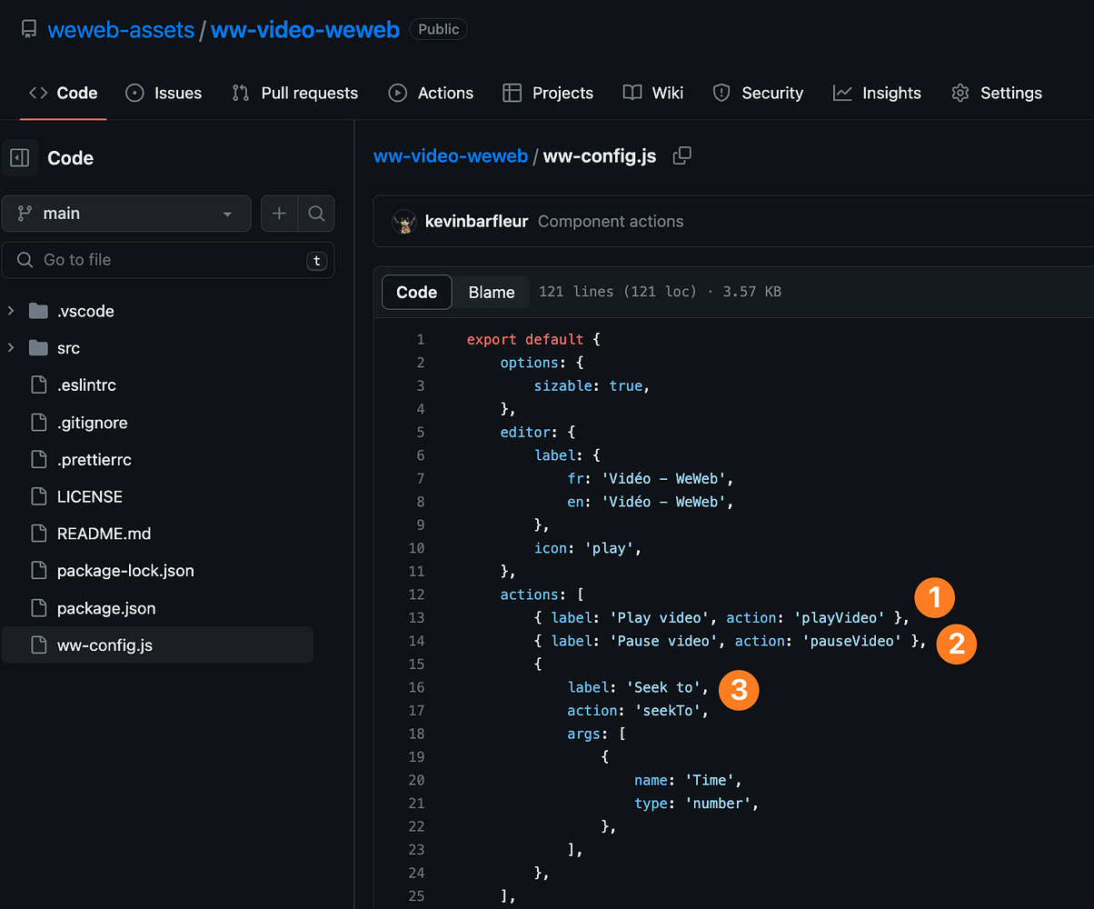 Component config file with actions