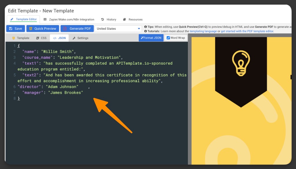 Copy the example JSON