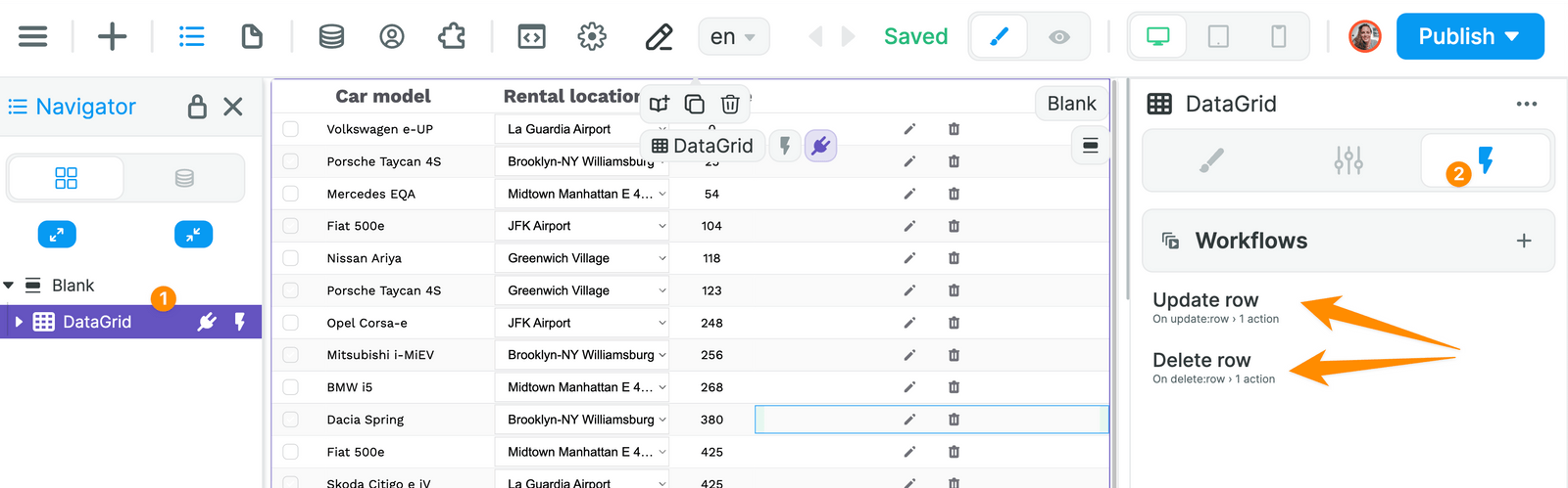 Update and delete workflows in data grid