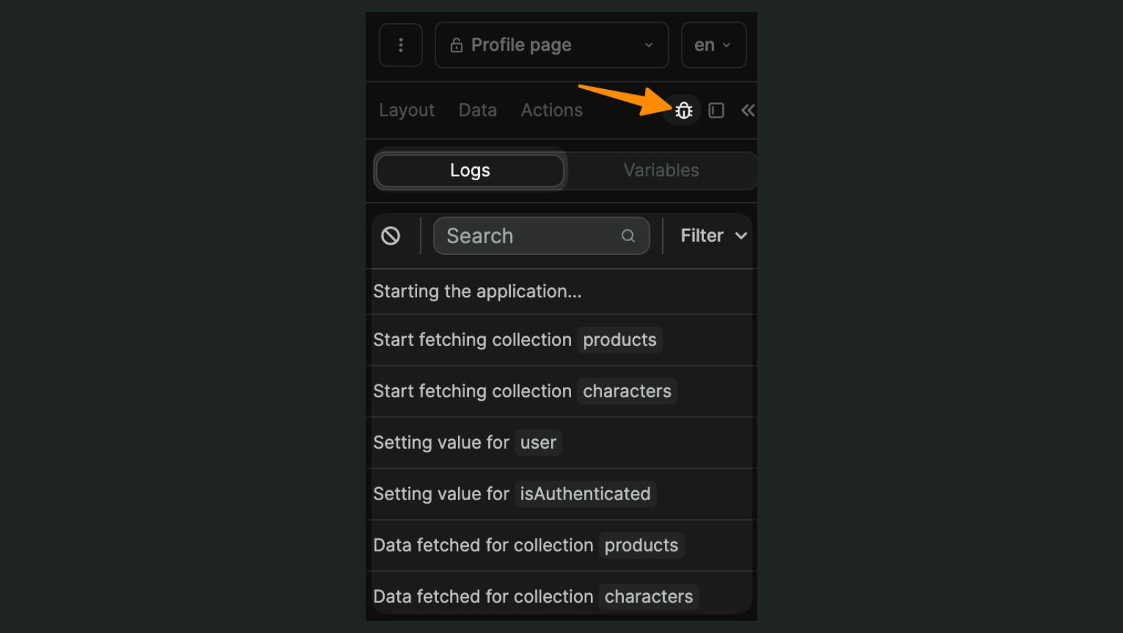 Logs panel in the Navigator