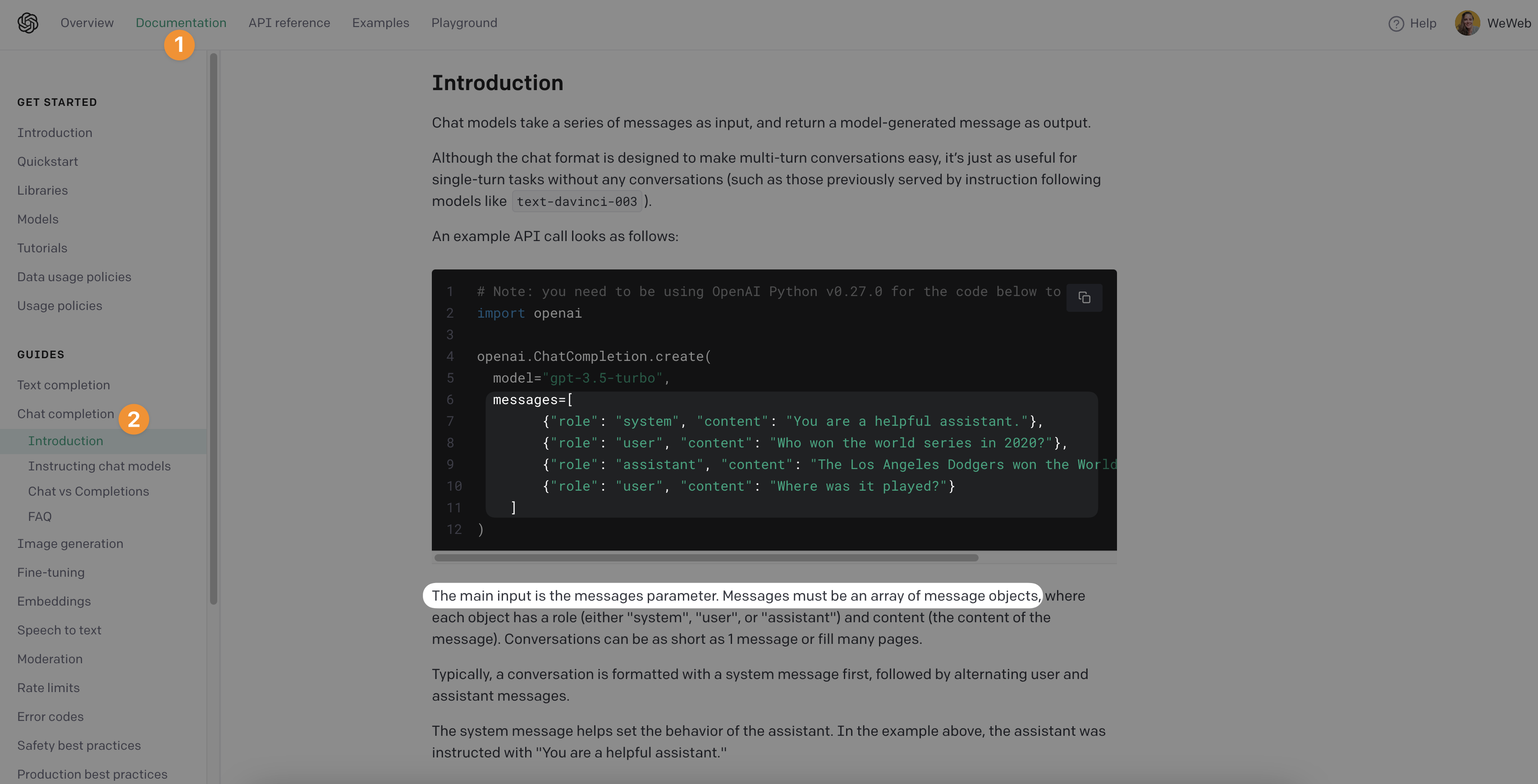 Input expected by OpenAI's chat completion API
