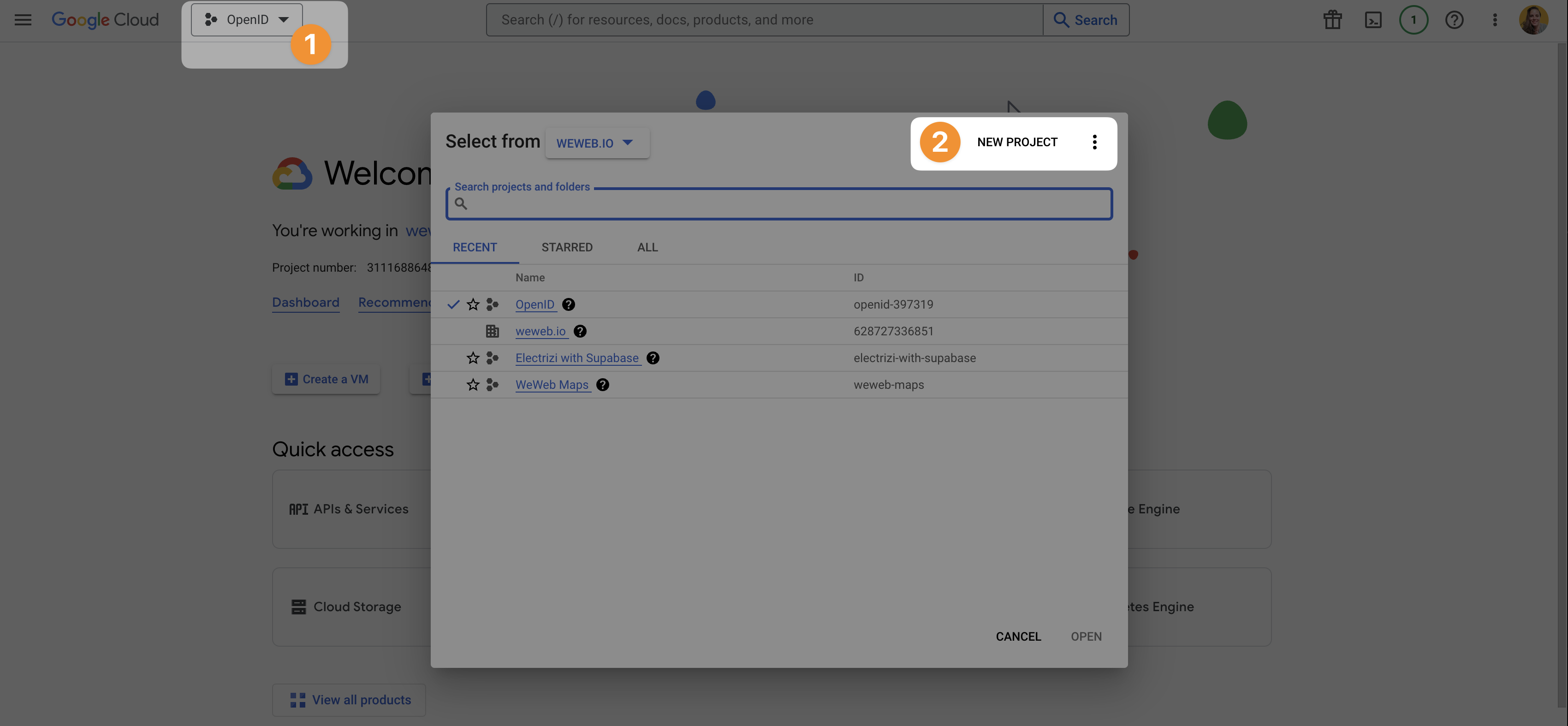 New project in Google Cloud Console