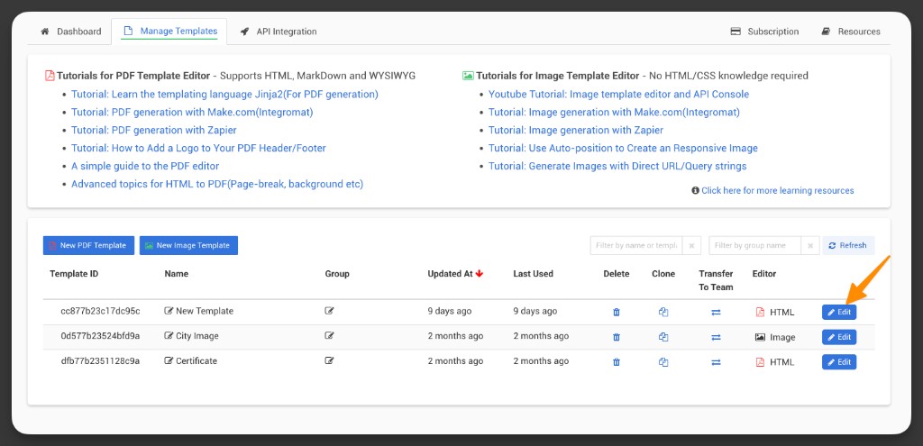Open your template list in APITemplate.io