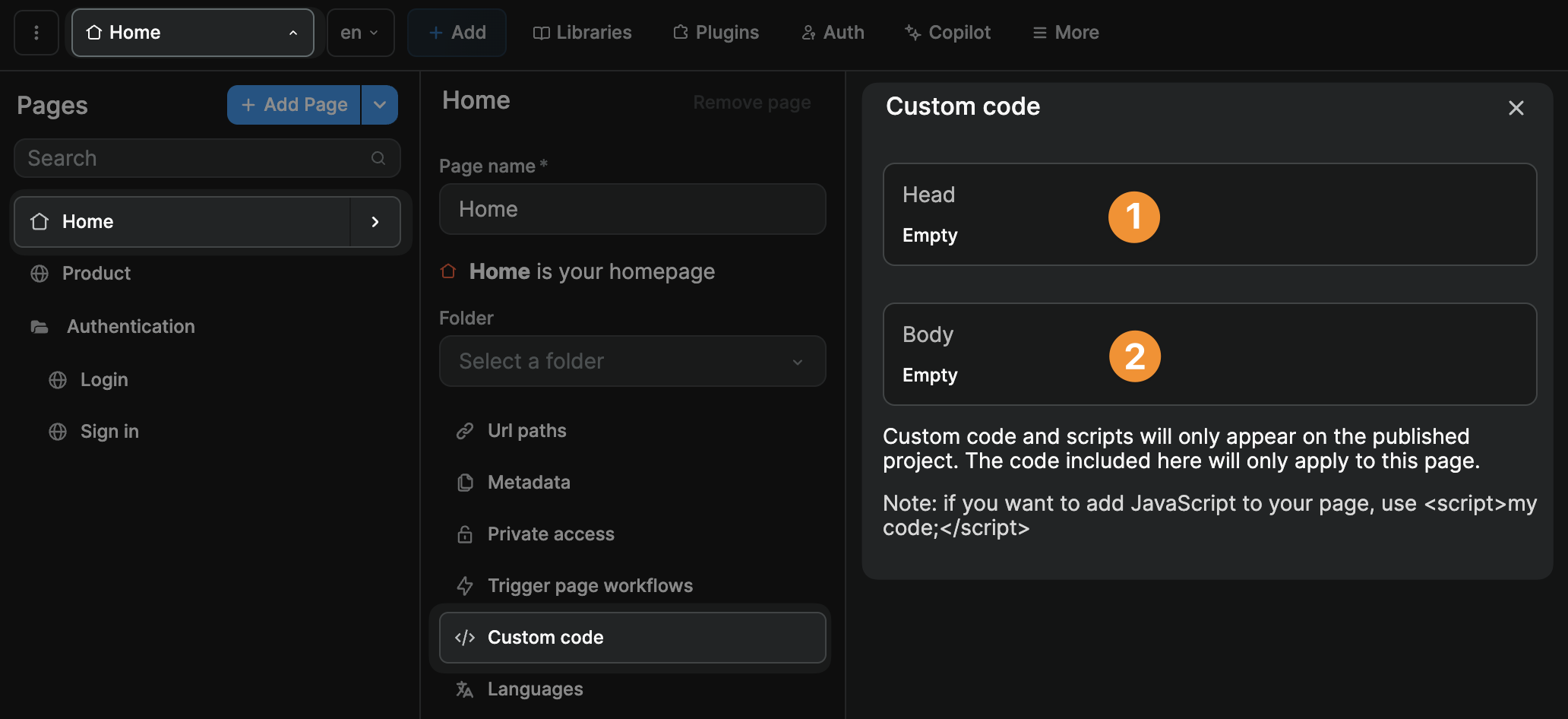 Custom code at page level
