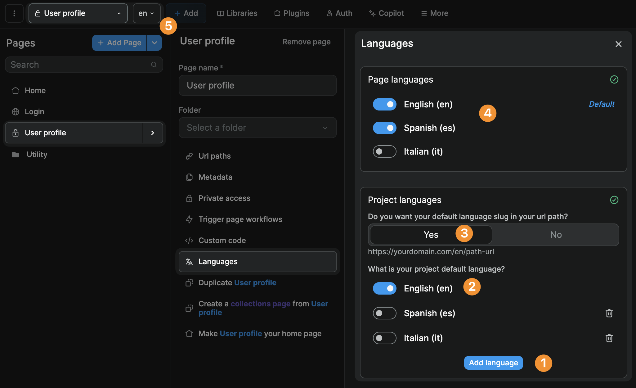Project and page languages