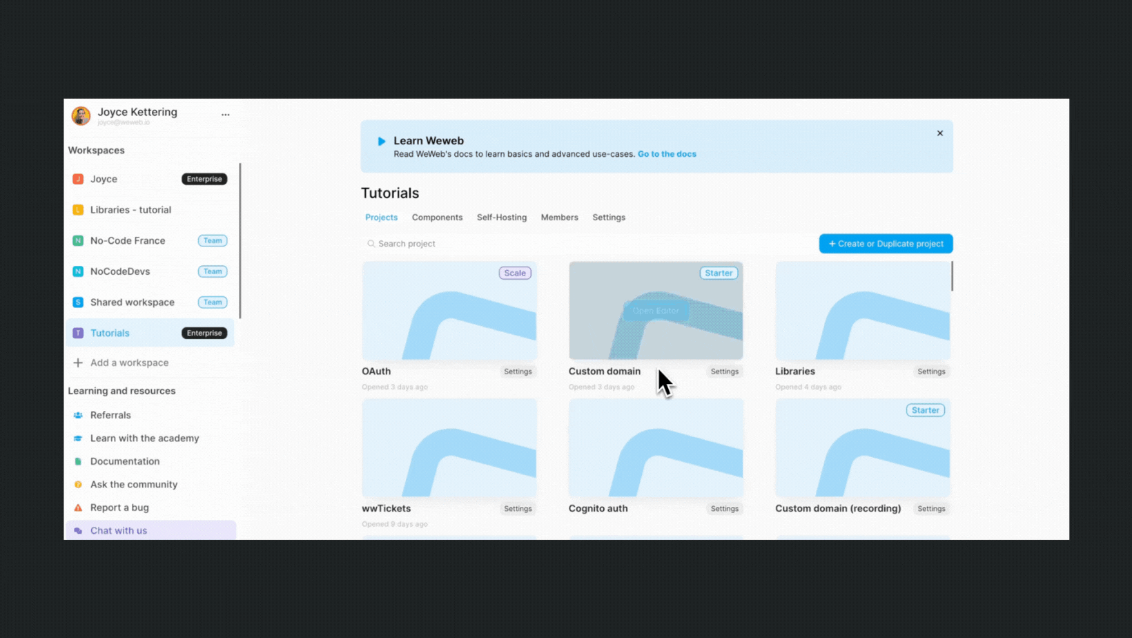Access a WeWeb project's settings