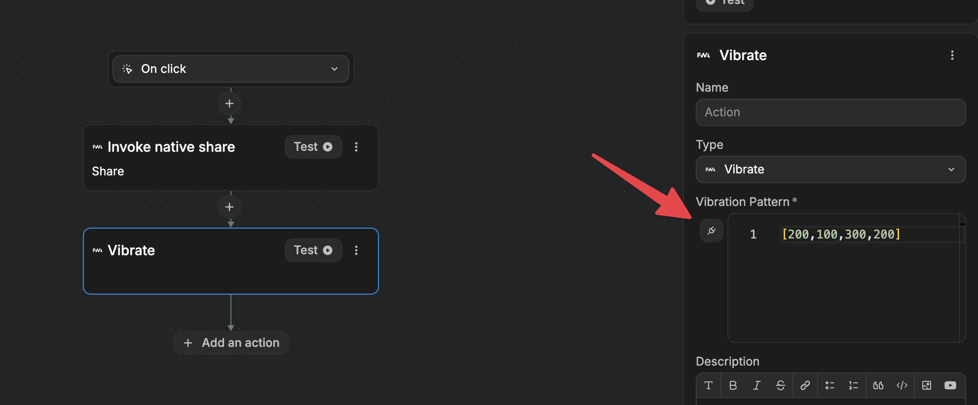 Vibrate action properties