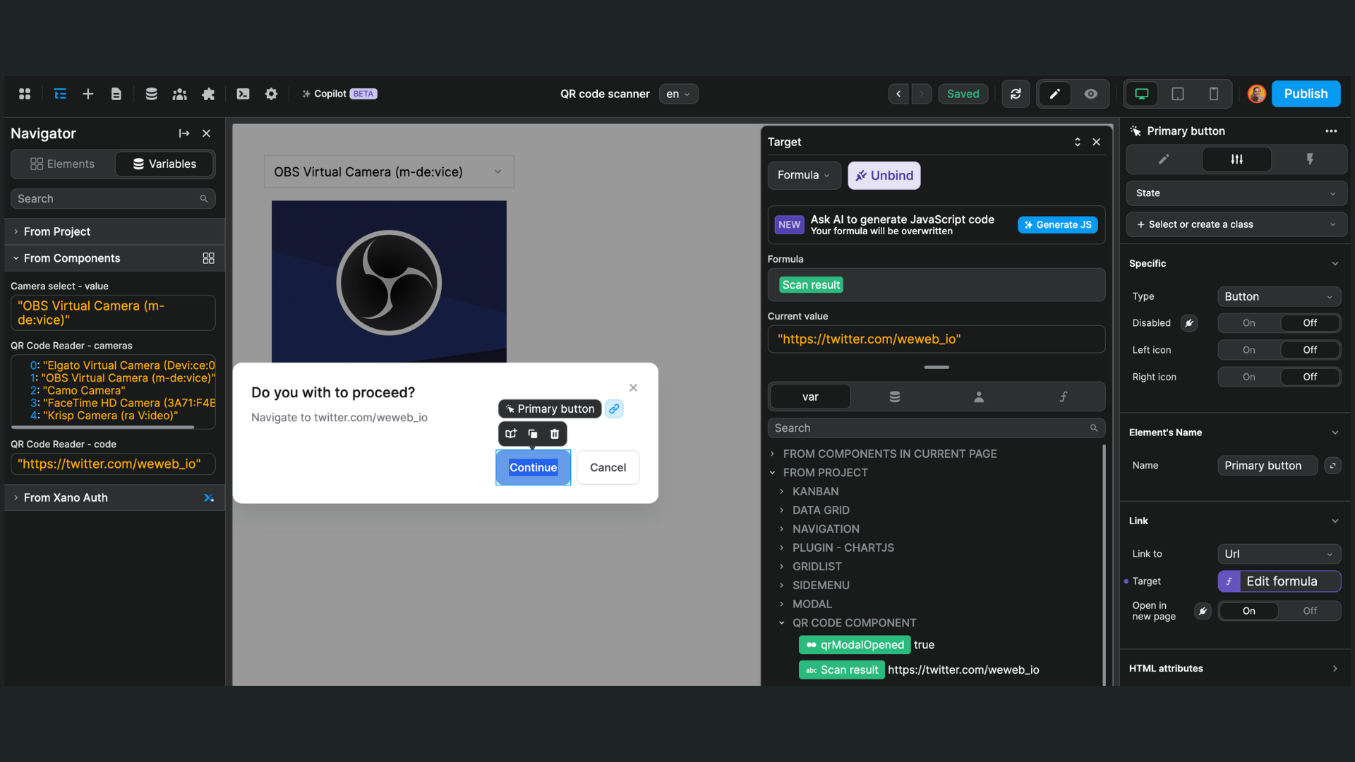 Popup after QR code reading