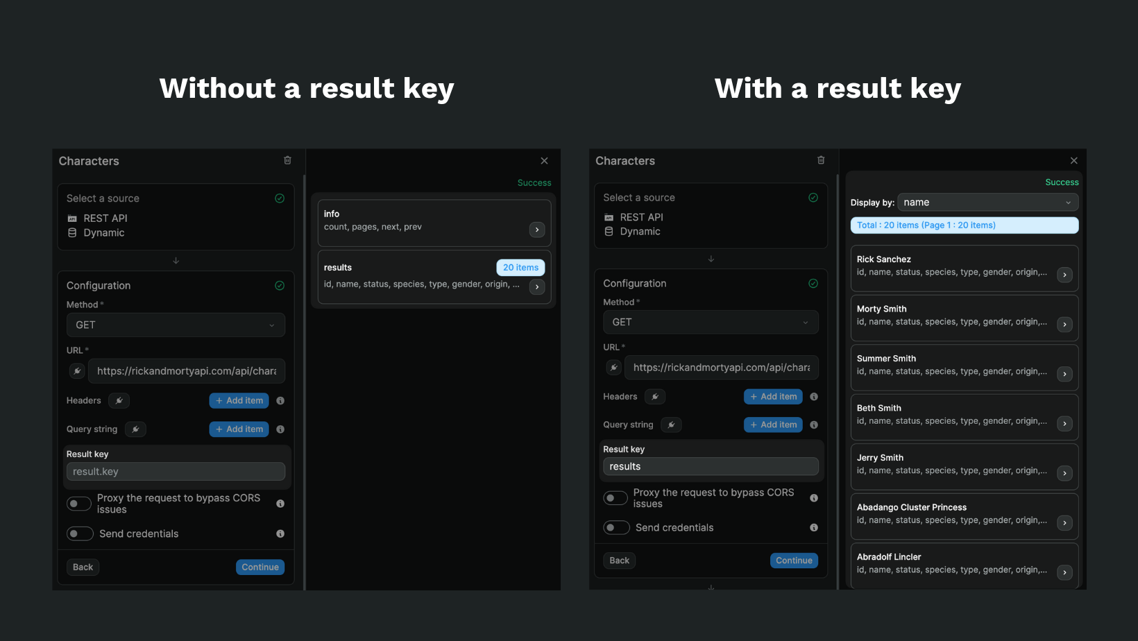 Result key in REST API call