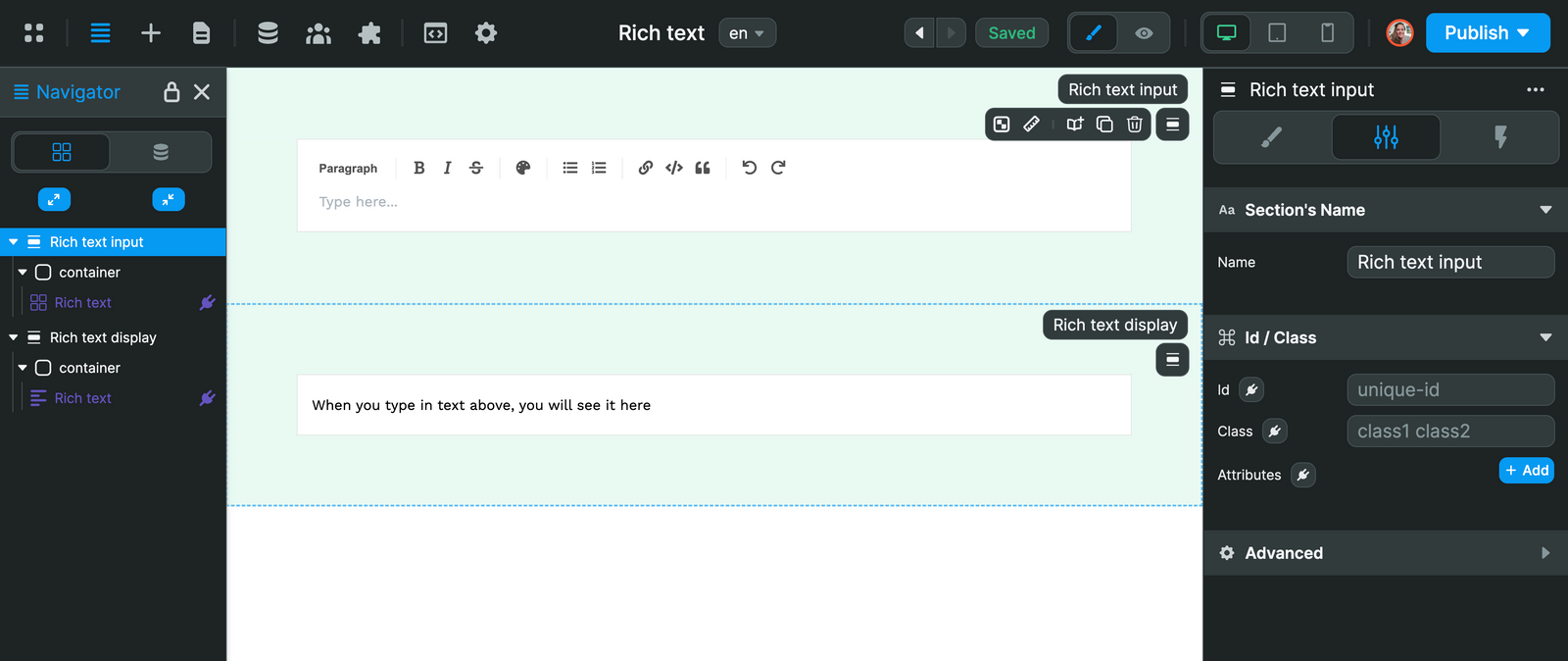 Rich text input in read and editing mode