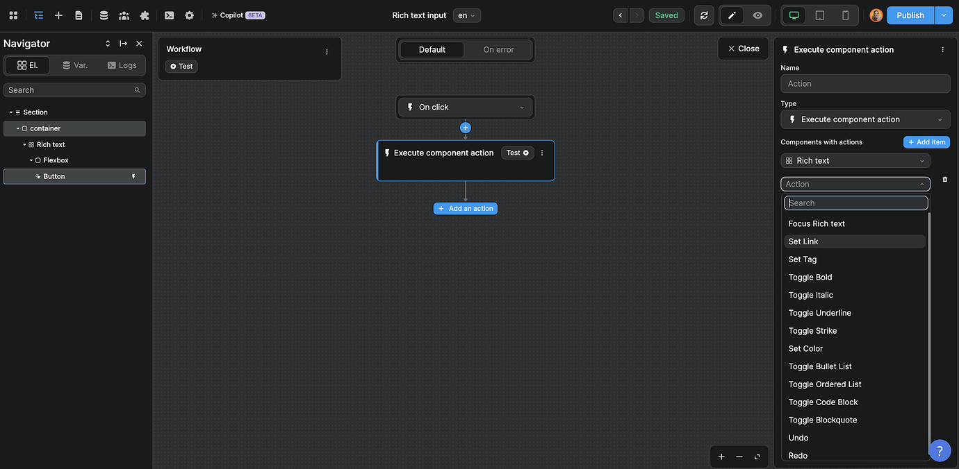 Rich text component actions