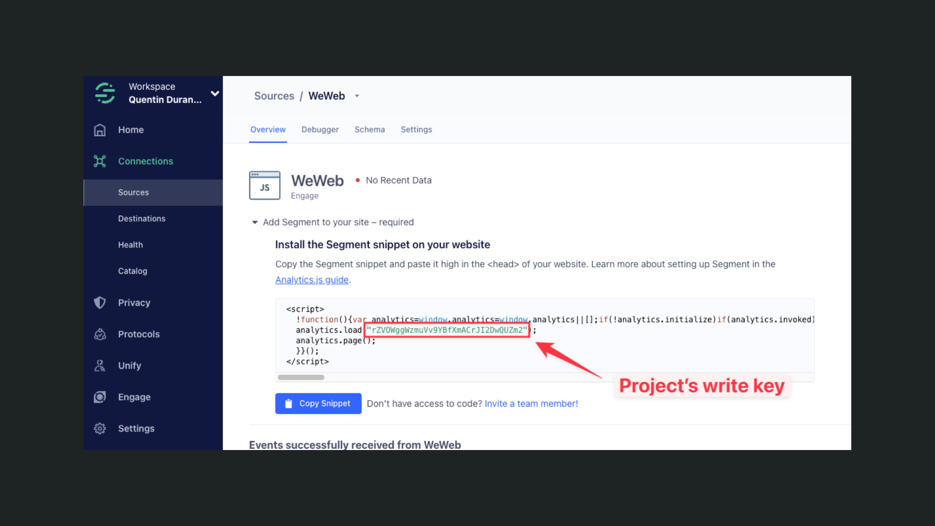 Finding the write key for a JavaScript source in Segment