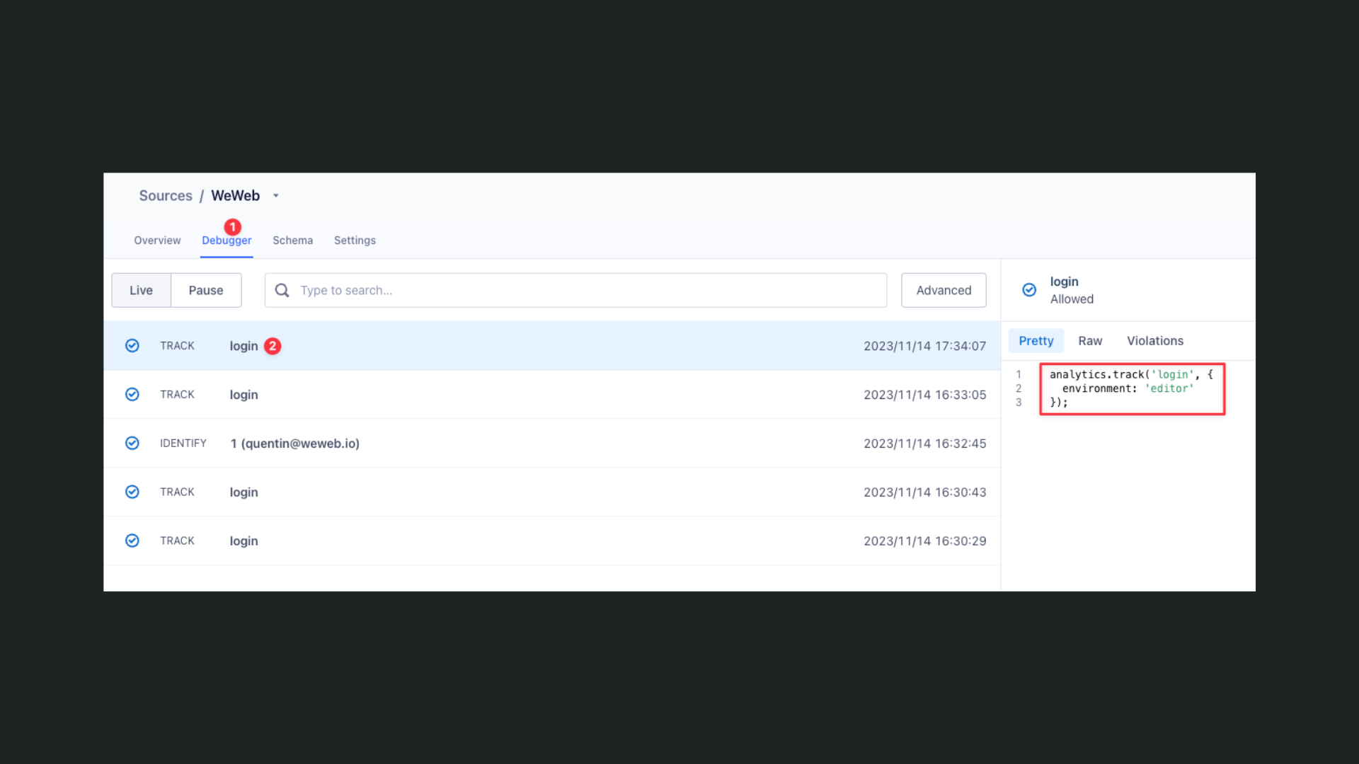 Debugging the Segment event from WeWeb