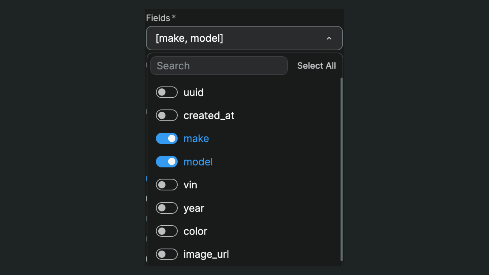 Select fields for a single insert