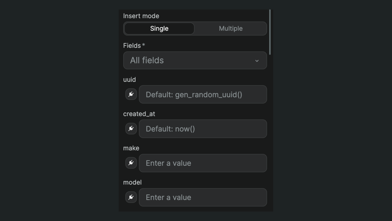 Fields for a single insert