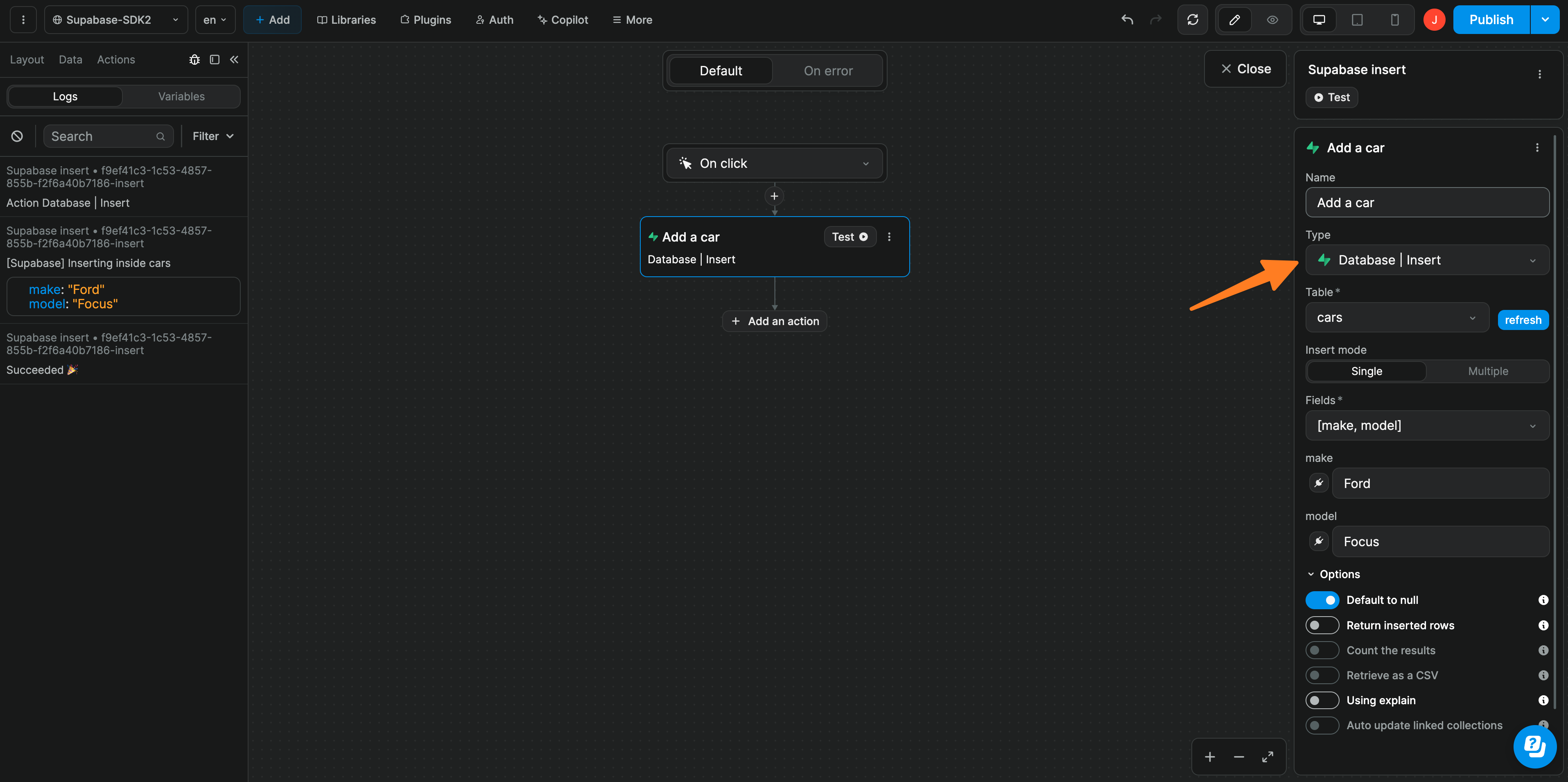 Supabase insert action in a WeWeb workflow