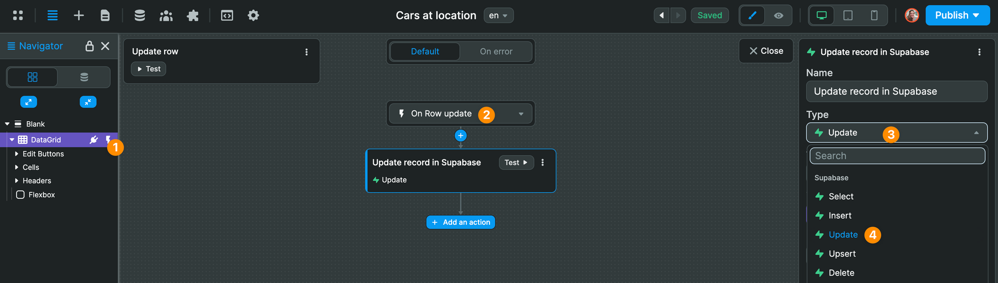 Supabase update action in a WeWeb workflow
