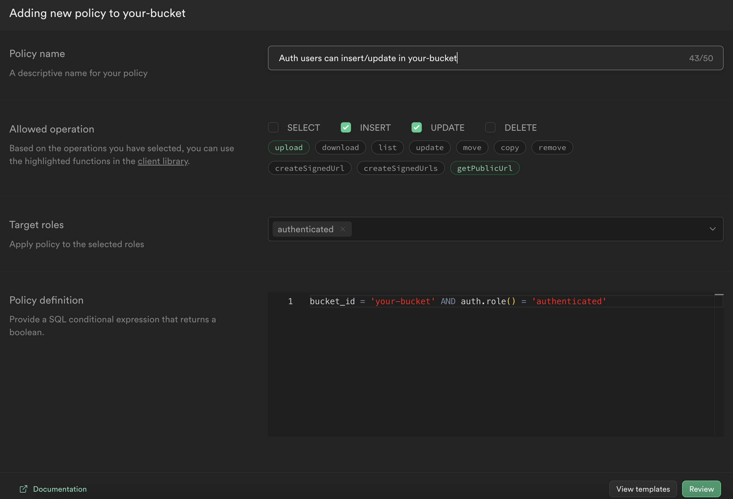 Create bucket policy in Supabase