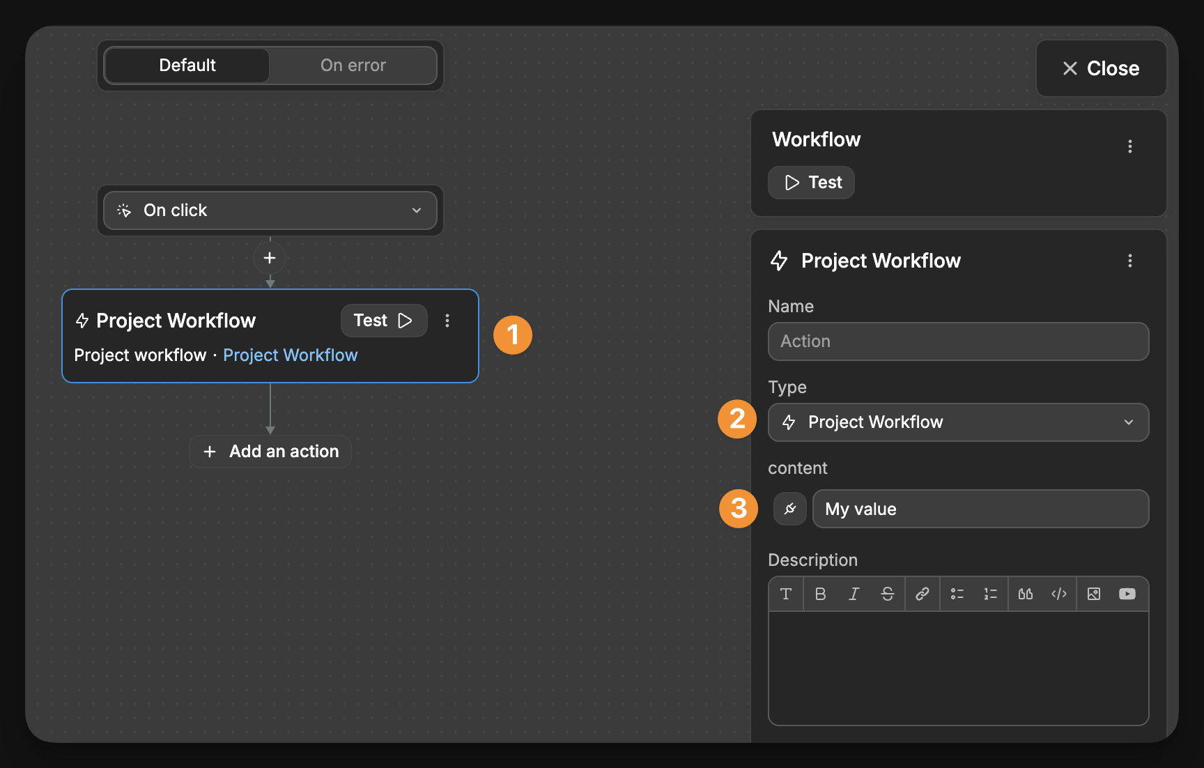 The Execute Workflow action being used to execute the global workflow from within the local workflow