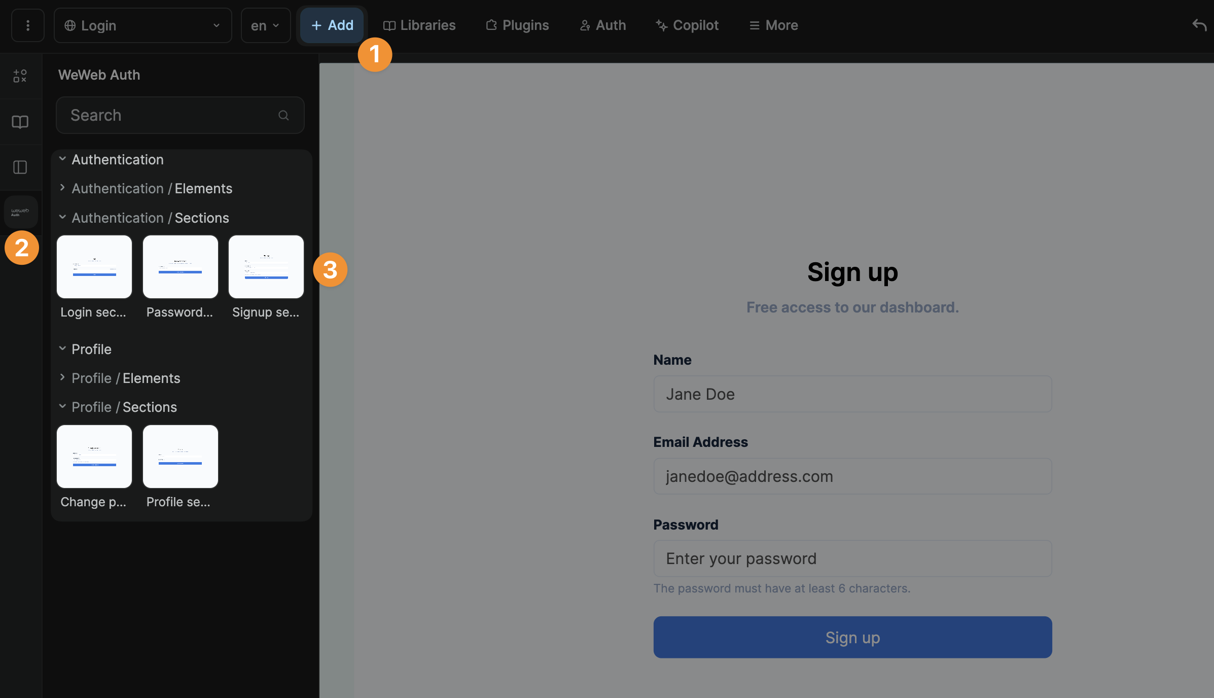 WeWeb auth UI elements