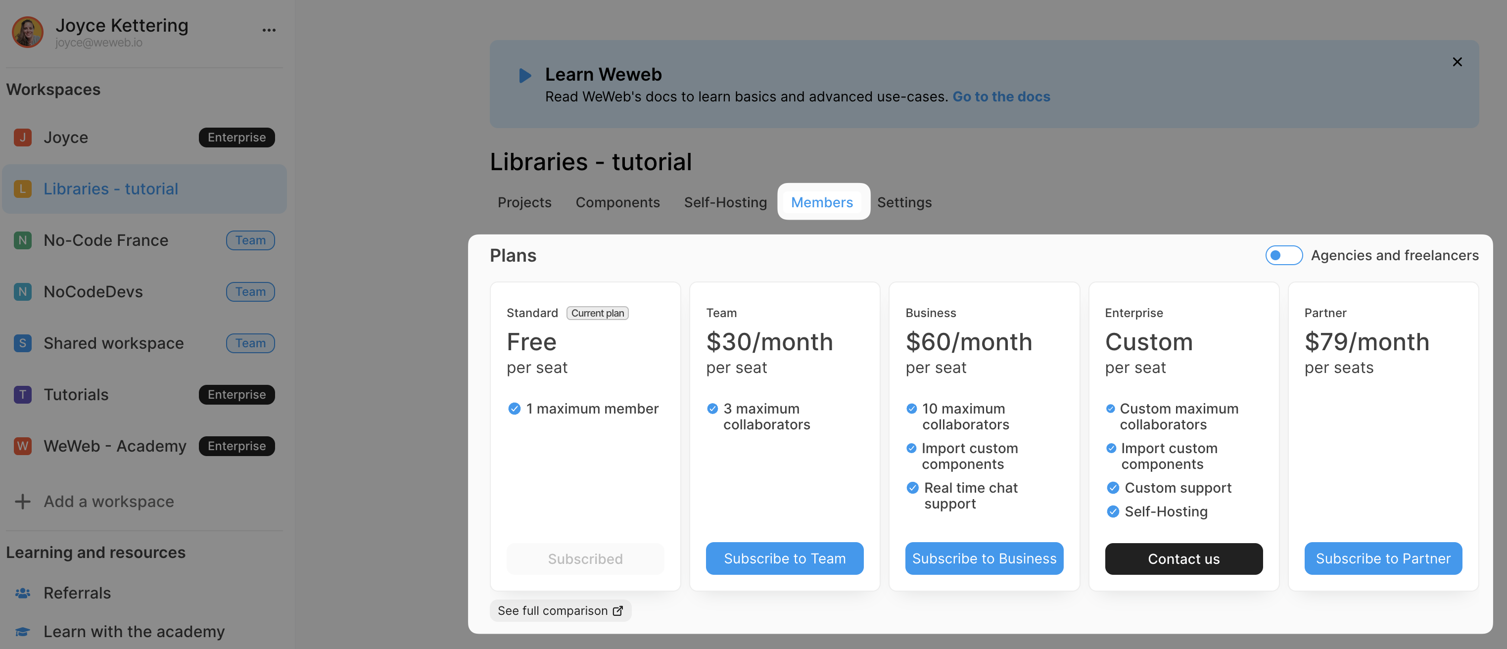 WeWeb workspace plans