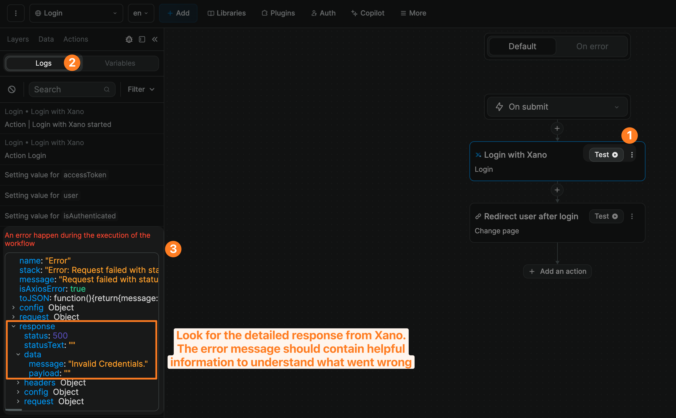 Xano Auth error message