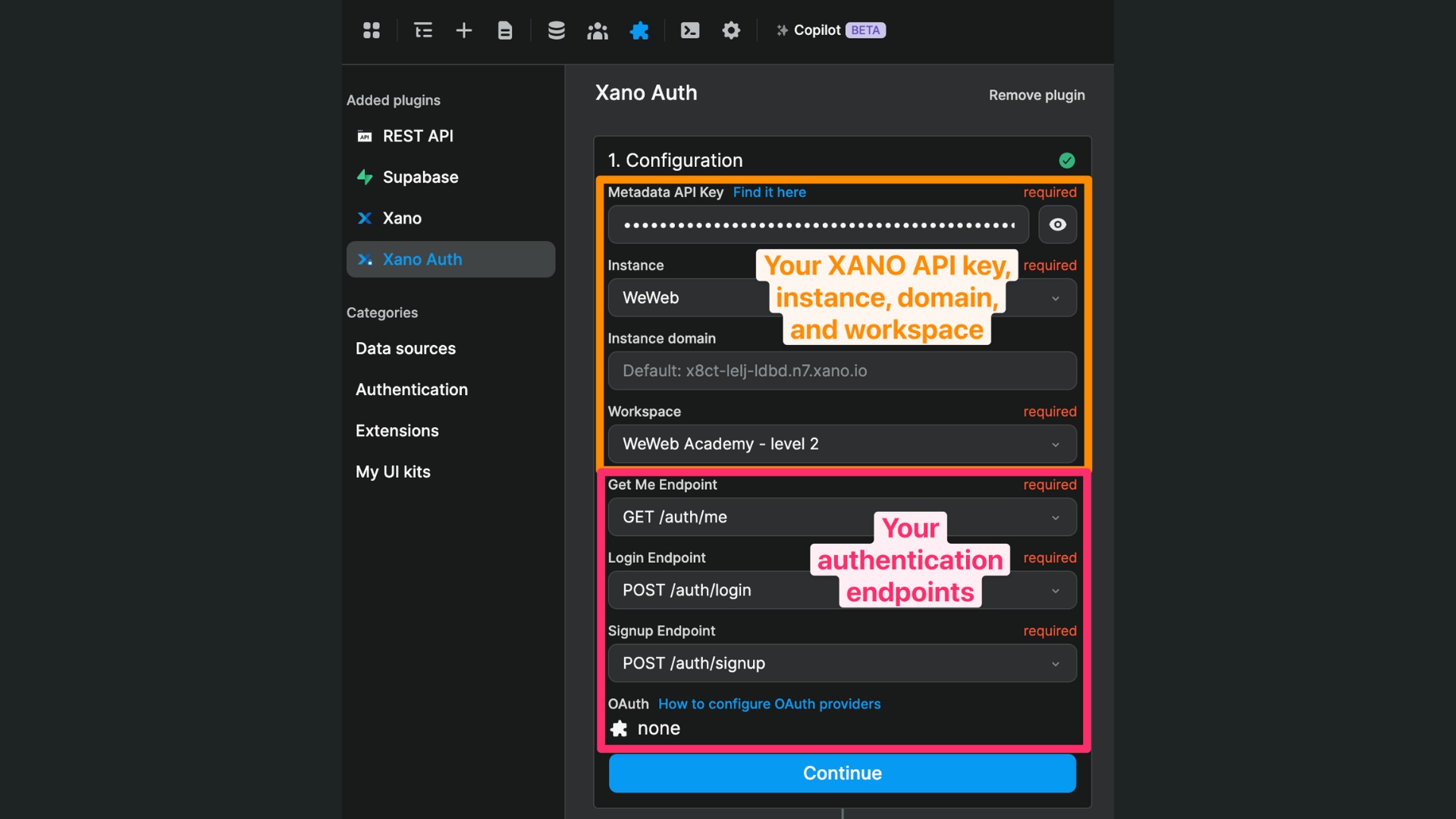 Xano authentication setup in WeWeb